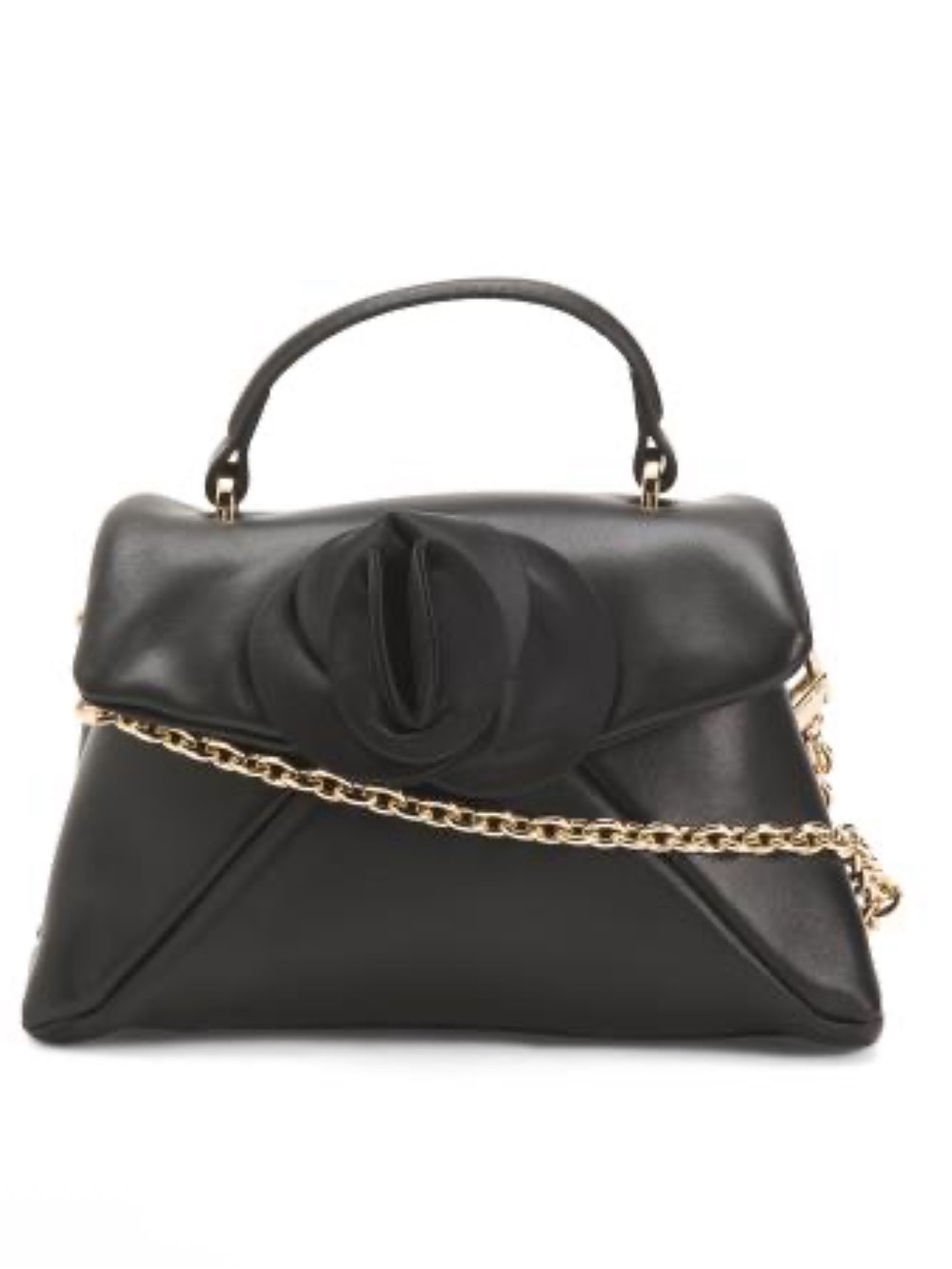 Black Top-Handle Leather Satchel with Gold Chain